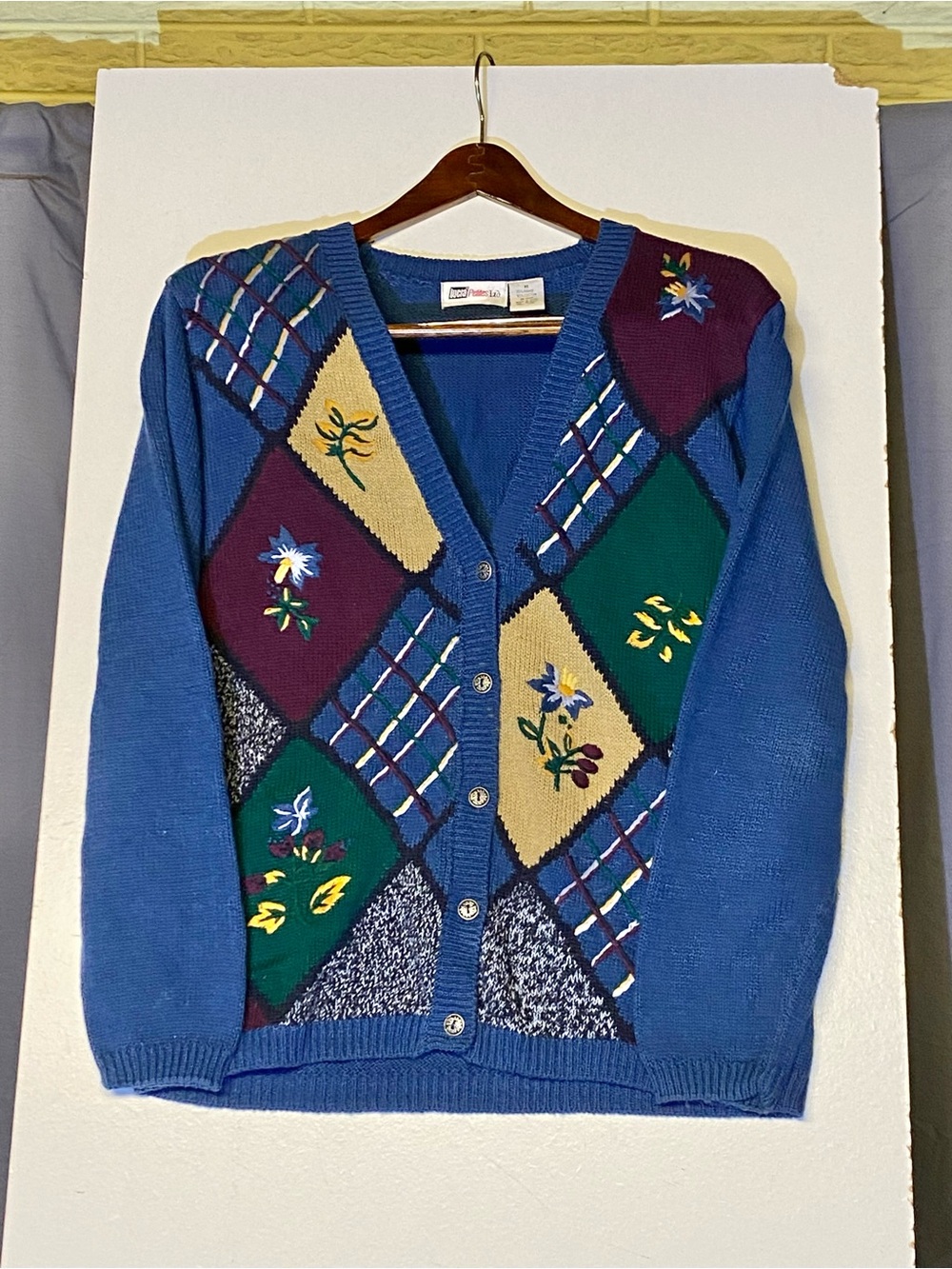 Blue Patchwork Floral Button-Up Cardigan Sweater